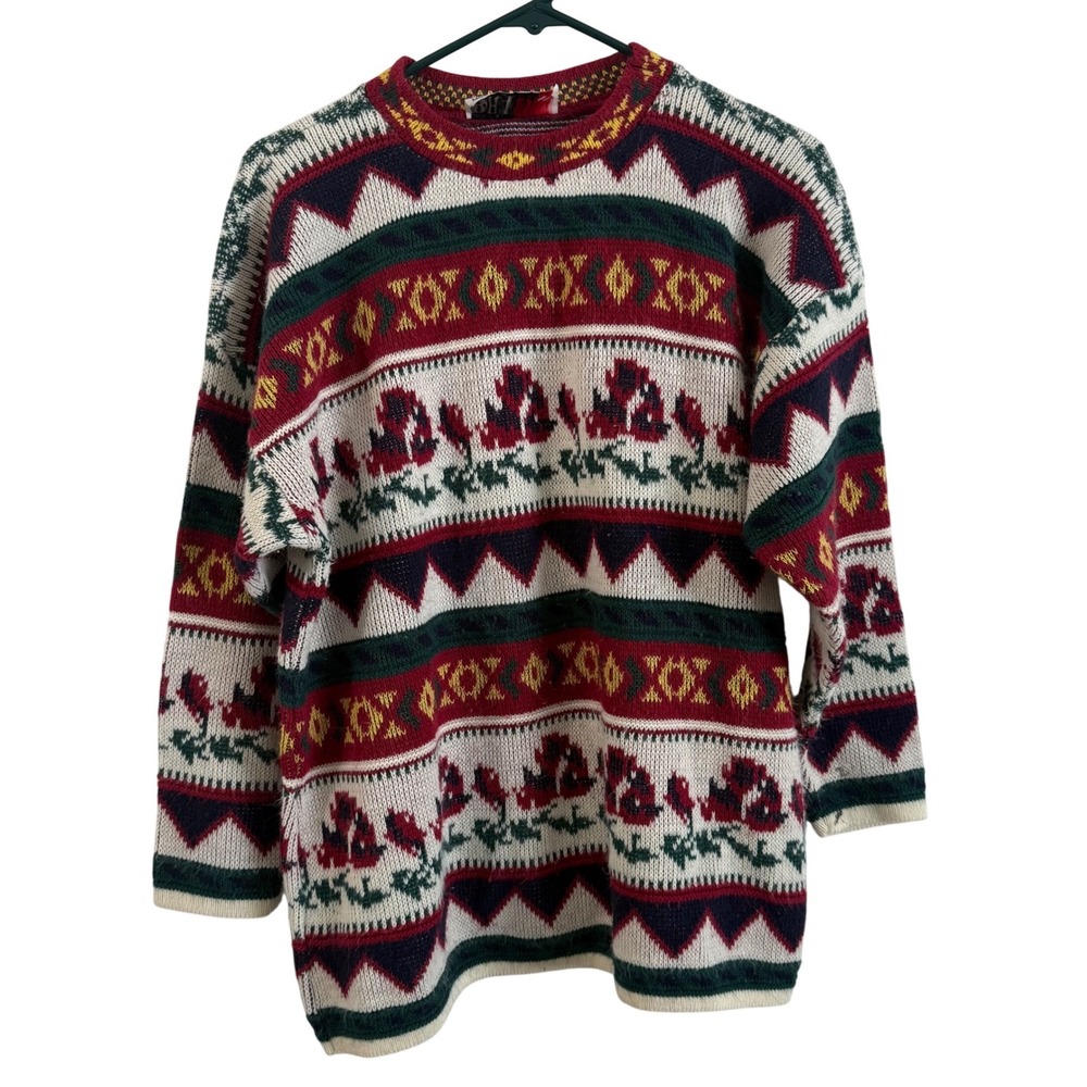 Vintage 90s Brand New Brand Women's Geometric Isle Floral Warm Medium sweater